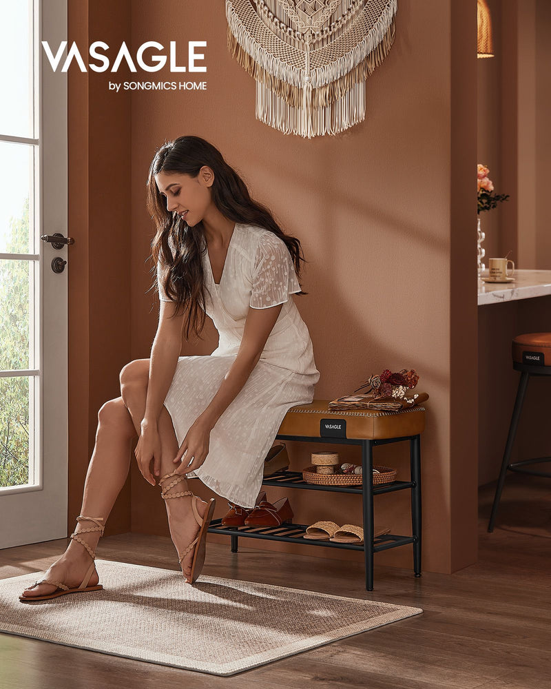 Caramel Brown Synthetic Leather Shoe Bench with Storage EKHO Collection by Vasagle