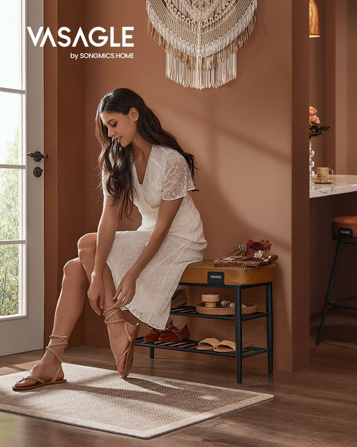 Caramel Brown Synthetic Leather Shoe Bench with Storage EKHO Collection by Vasagle