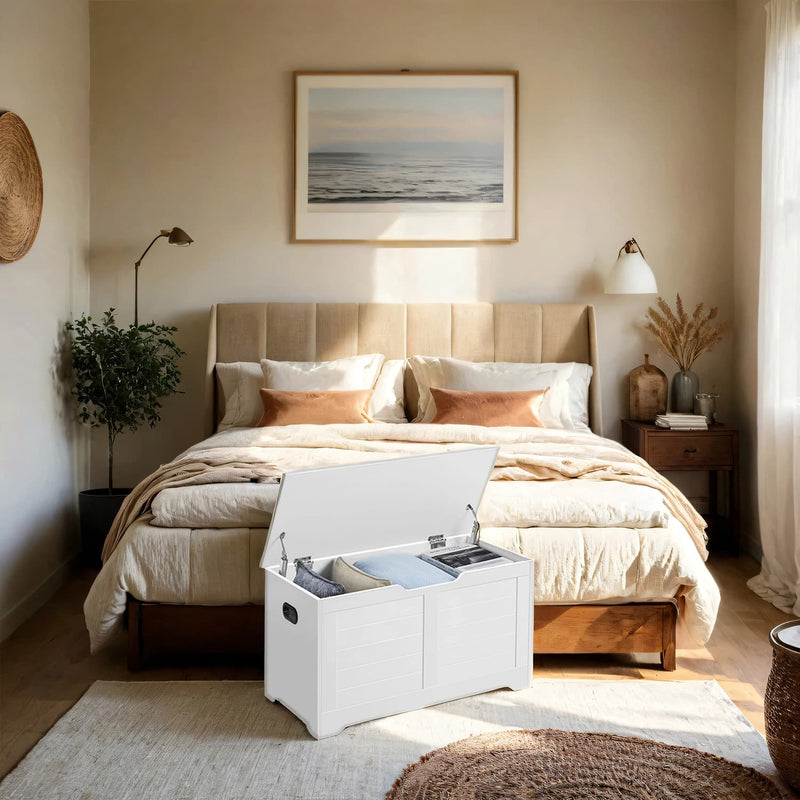 White Wooden Storage Chest with Safety Hinges and Bench Seat for Bedroom or Hallway by Vasagle, 40 x 80 x 46cm