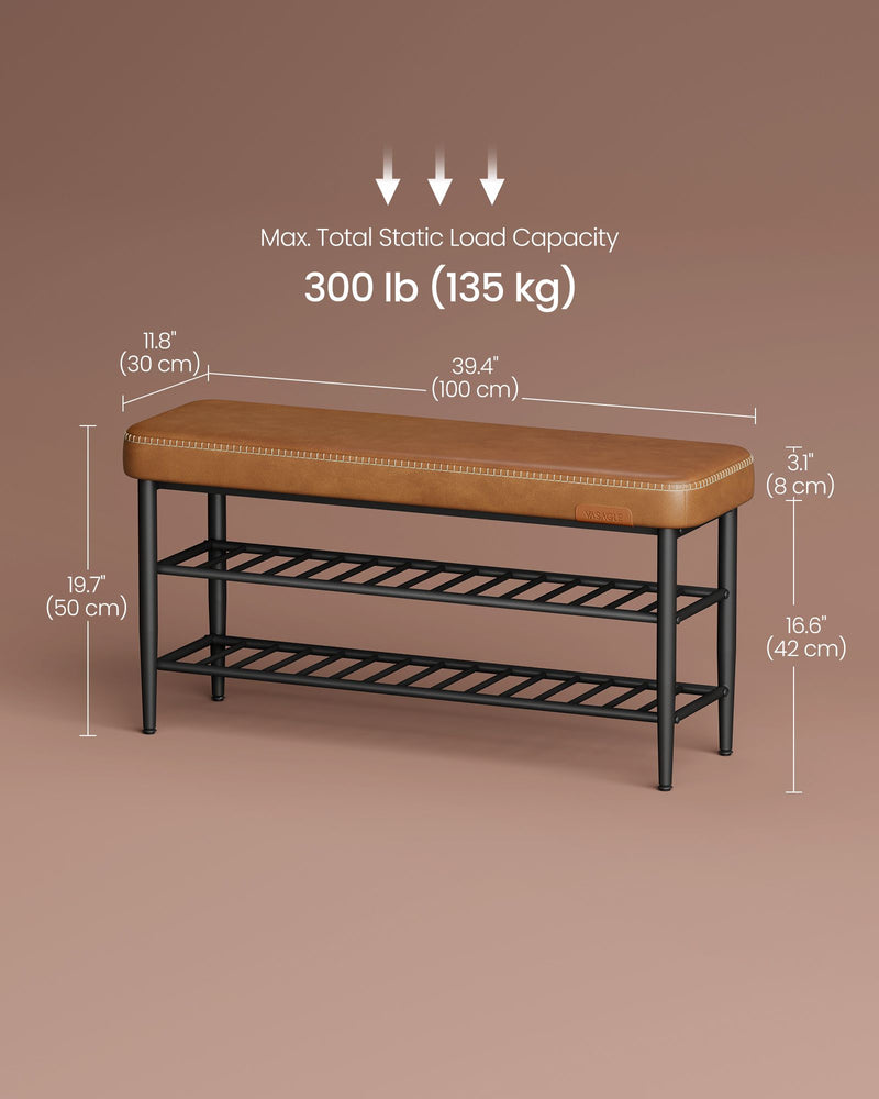 Brown Leather Entryway Bench with Storage Shelf 100 cm Wide for Hallway Bedroom by Vasagle