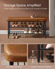 Brown Leather Entryway Bench with Storage Shelf 100 cm Wide for Hallway Bedroom by Vasagle