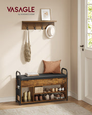 Rustic Brown and Black Shoe Storage Bench with Cushioned Seat and Shelves by Vasagle
