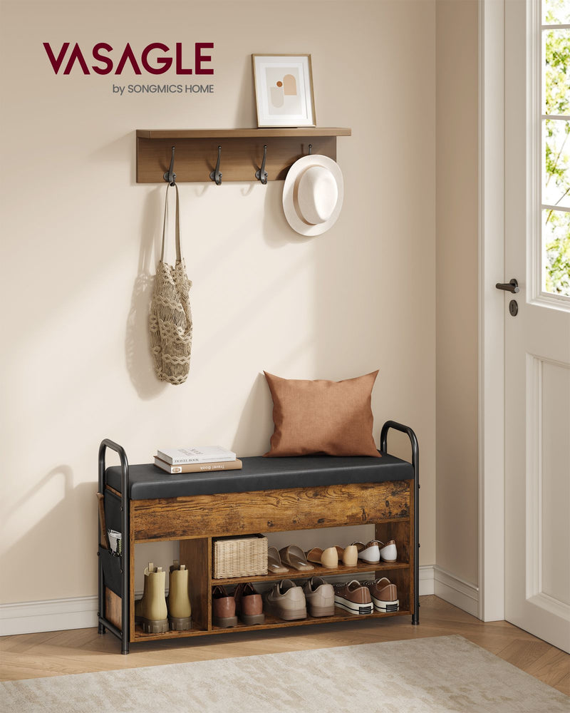 Rustic Brown and Black Shoe Storage Bench with Cushioned Seat and Shelves by Vasagle
