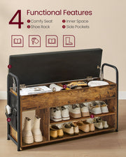 Rustic Brown and Black Shoe Storage Bench with Cushioned Seat and Shelves by Vasagle