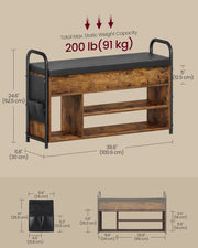 Rustic Brown and Black Shoe Storage Bench with Cushioned Seat and Shelves by Vasagle