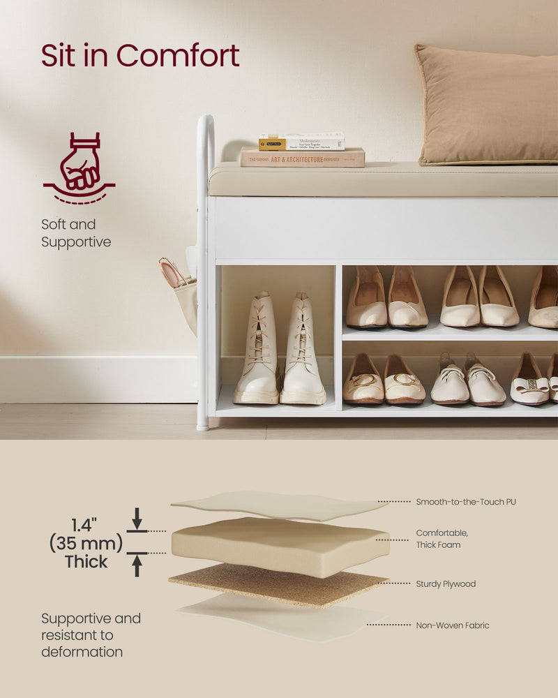 Wooden Shoe Storage Bench with Hidden Compartment and Cushioned Seat by Vasagle