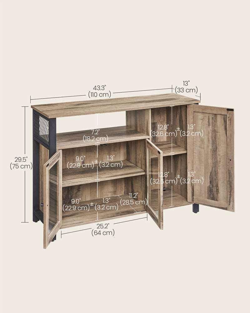 Sideboard Kitchen Cabinet - Rustic Style Black Metal Frame - 110 x 33 x 75cm VASAGLE