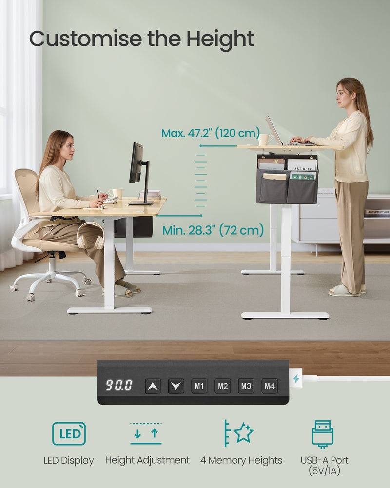 160x70cm Electric Height Adjustable Desk for Home Office with 4 Memory Settings , White & Oak VASAGLE