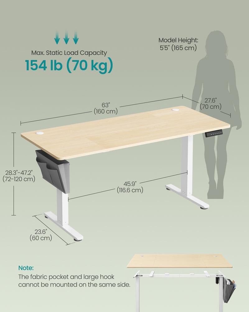 160x70cm Electric Height Adjustable Desk for Home Office with 4 Memory Settings , White & Oak VASAGLE