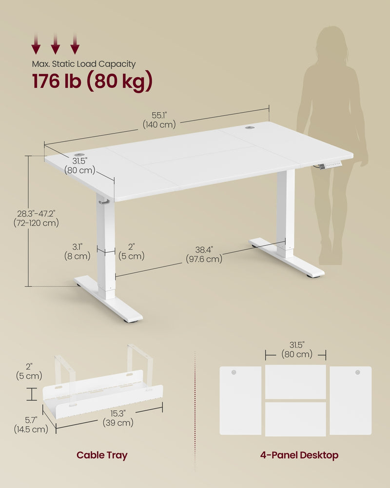 Electric Height Adjustable Standing Desk with USB C Port and Cable Tray Matte White by Vasagle VASAGLE
