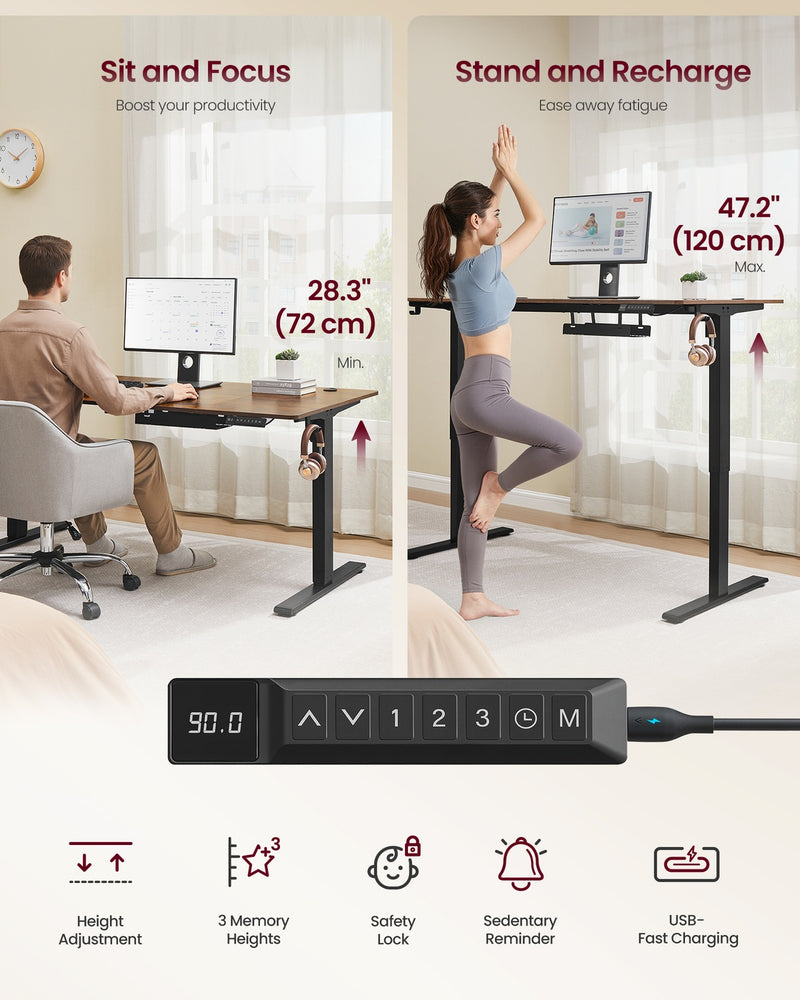 160x80cm Electric Standing Desk For Home Office USB-C Charging - Industrial Style VASAGLE