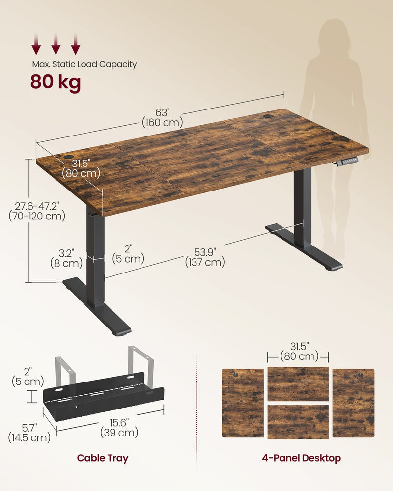 160x80cm Electric Standing Desk For Home Office USB-C Charging - Industrial Style VASAGLE
