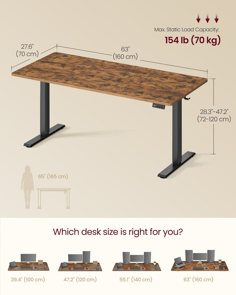 Rustic Brown Height Adjustable Electric Standing Desk 160x70cm Ergonomic by VASAGLE VASAGLE