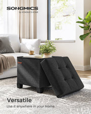 Ink Black Foldable Storage Ottoman with Wooden Feet 38 x 38 cm for Home Organisation by Songmics