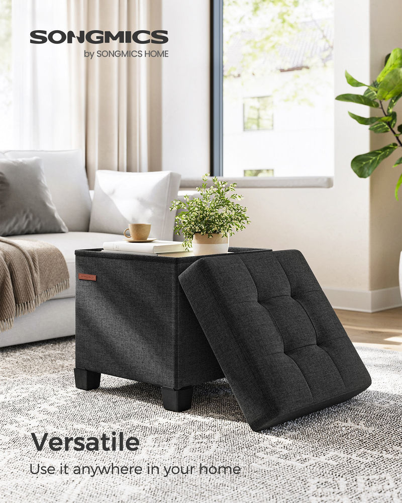 Ink Black Foldable Storage Ottoman with Wooden Feet 38 x 38 cm for Home Organisation by Songmics