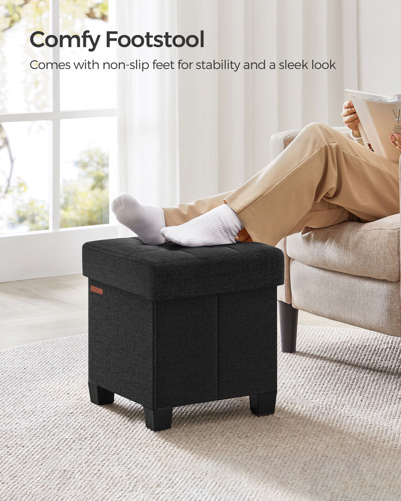 Ink Black Foldable Storage Ottoman with Wooden Feet 38 x 38 cm for Home Organisation by Songmics