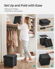 Ink Black Foldable Storage Ottoman with Wooden Feet 38 x 38 cm for Home Organisation by Songmics