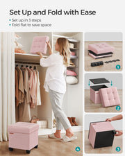 Jelly Pink Foldable Storage Ottoman with Wooden Feet 38 x 38 cm for Living Room by Songmics