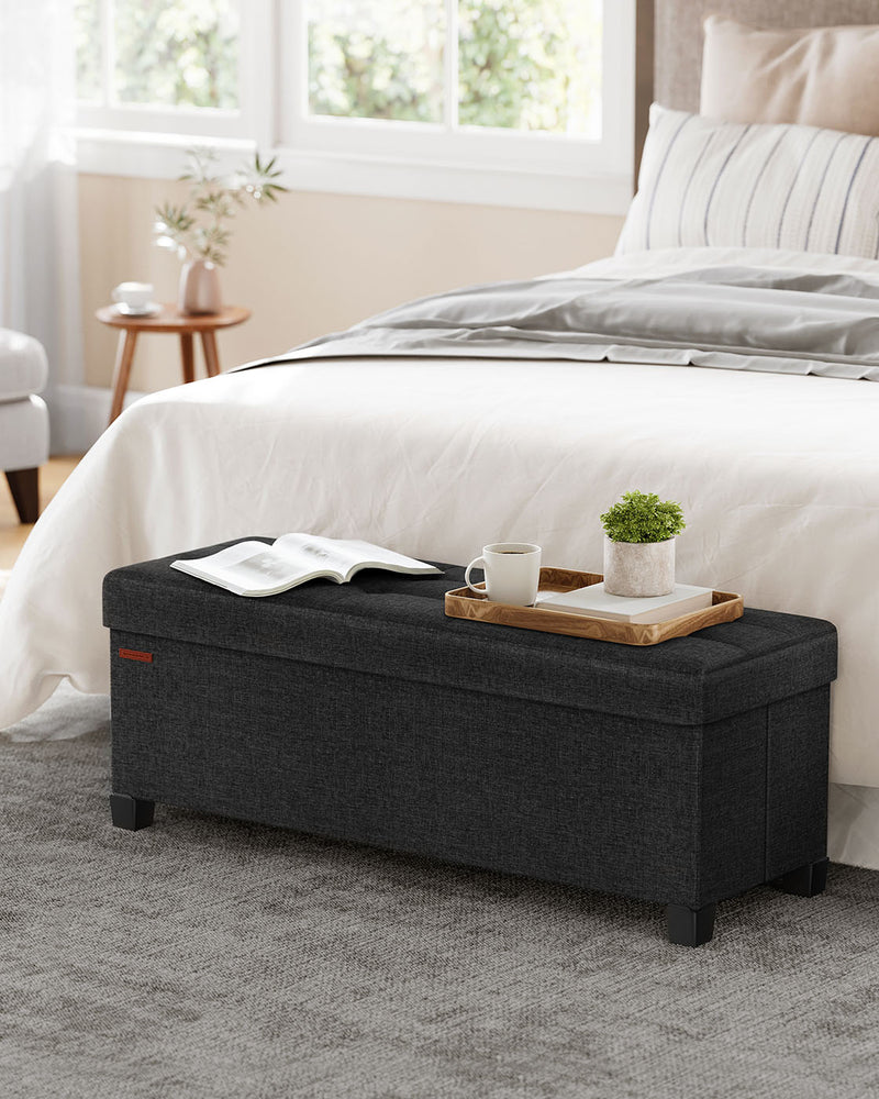 Black Foldable Storage Ottoman Bench with Wooden Legs 110 cm for Living Room by Songmics