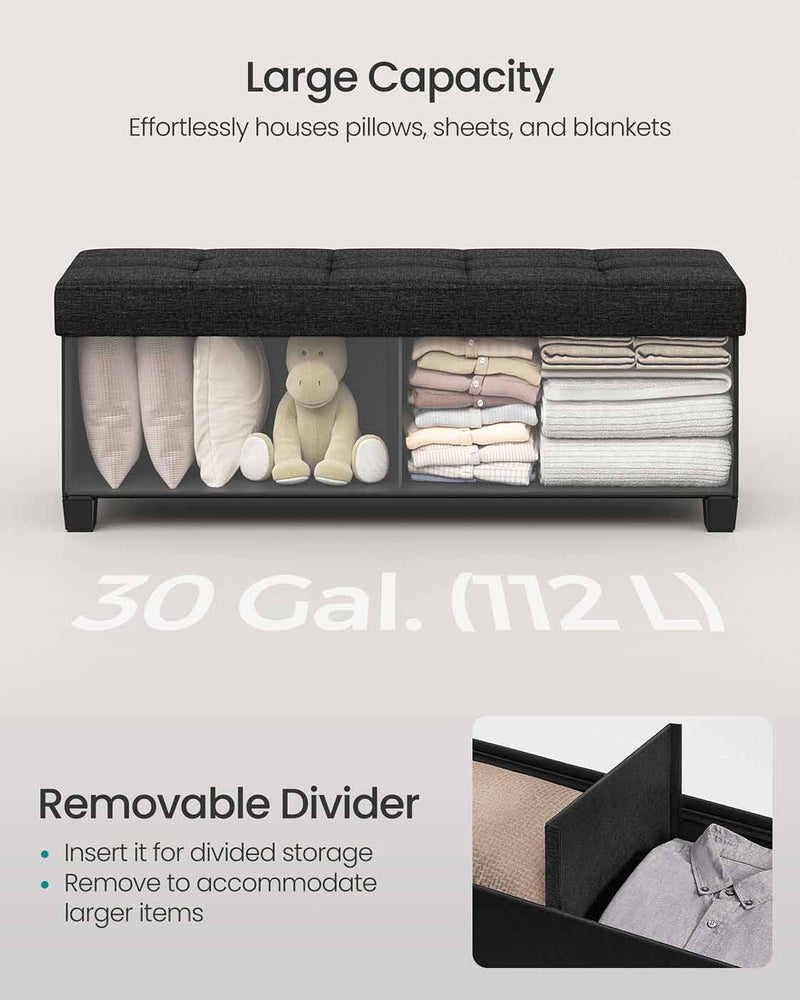 Black Foldable Storage Ottoman Bench with Wooden Legs 110 cm for Living Room by Songmics