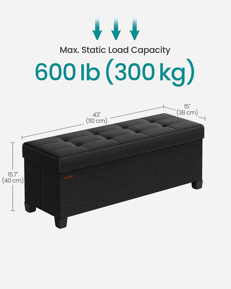 Black Foldable Storage Ottoman Bench with Wooden Legs 110 cm for Living Room by Songmics