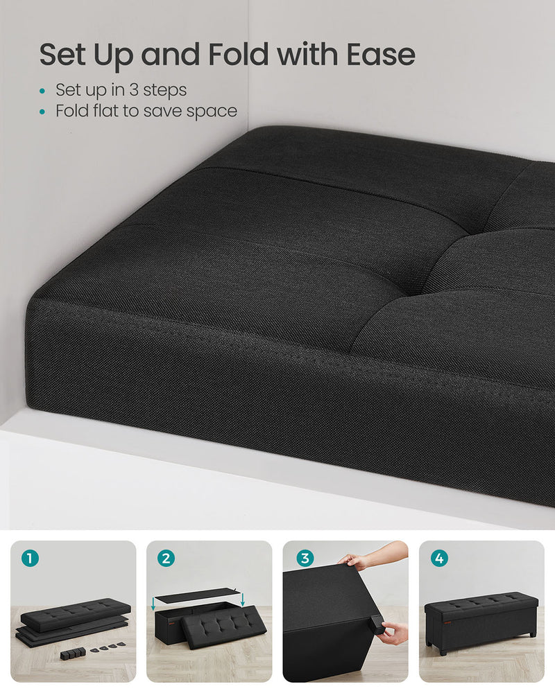 Black Foldable Storage Ottoman Bench with Wooden Legs 110 cm for Living Room by Songmics