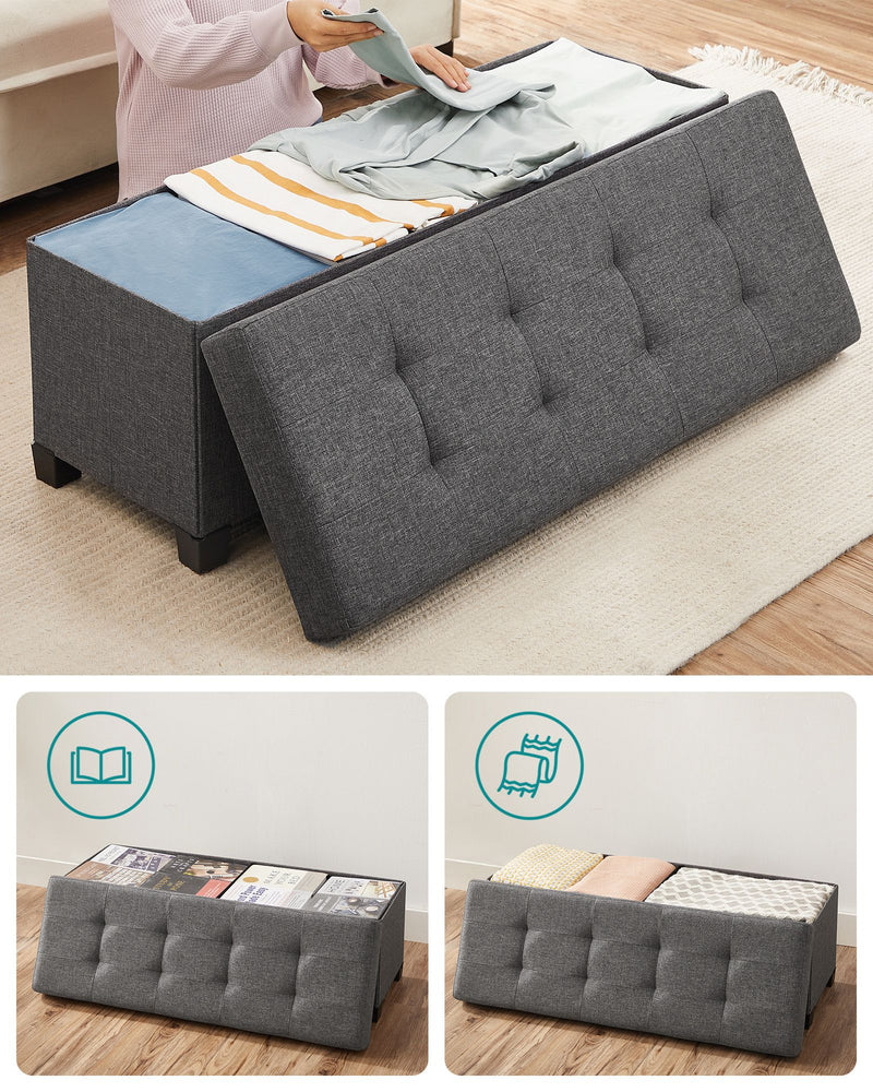 Dark Grey Foldable Storage Ottoman Bench 110 cm with Padded Seat and Hidden Compartment by Songmics