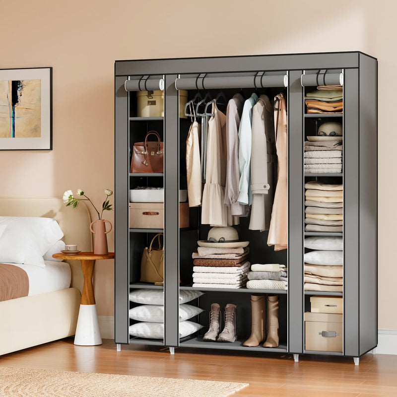 Portable Fabric Wardrobe with Steel Clothes Rail and Dust Cover for Bedroom Storage by Songmics