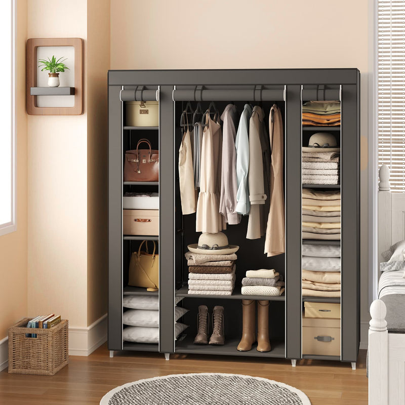 Portable Fabric Wardrobe with Steel Clothes Rail and Dust Cover for Bedroom Storage by Songmics