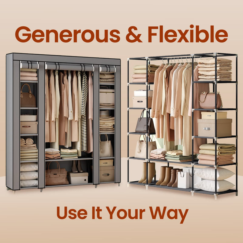 Portable Fabric Wardrobe with Steel Clothes Rail and Dust Cover for Bedroom Storage by Songmics