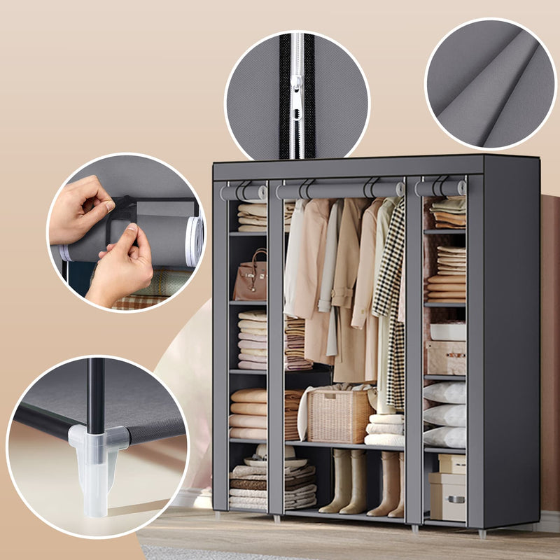 Portable Fabric Wardrobe with Steel Clothes Rail and Dust Cover for Bedroom Storage by Songmics
