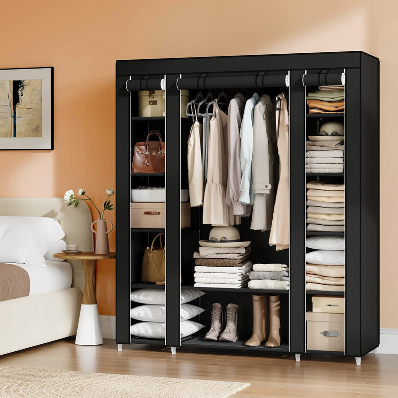 Black Portable Fabric Wardrobe with Clothes Rail for Bedroom Storage Solution by Songmics