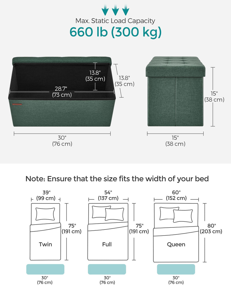 Retro Green Foldable Storage Ottoman Small Space Saving Footstool Seat by Songmics
