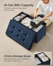 Dark Blue Foldable Storage Ottoman 38 x 76 cm Small Footstool With Lid by Songmics