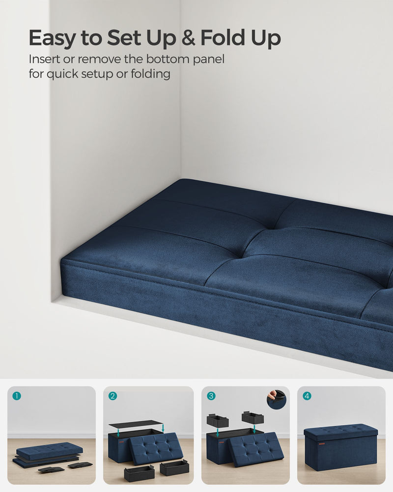 Dark Blue Foldable Storage Ottoman 38 x 76 cm Small Footstool With Lid by Songmics