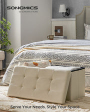 Cream White Foldable Storage Ottoman Small Space Saving Footstool Seat by Songmics