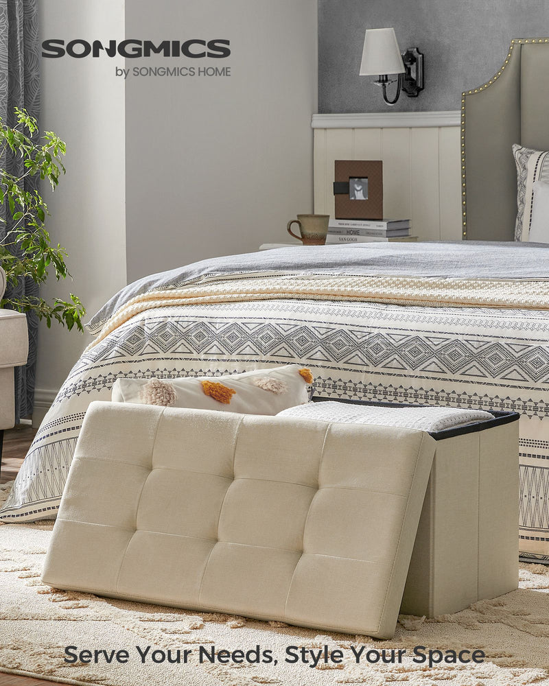 Cream White Foldable Storage Ottoman Small Space Saving Footstool Seat by Songmics