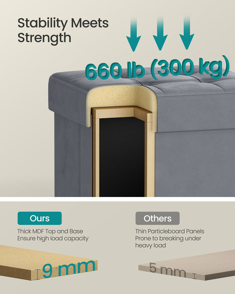 Slate Grey Velvet Storage Ottoman 37L with Padded Seat and Hidden Compartment by Songmics