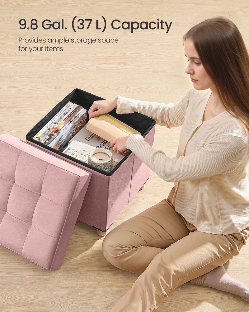 Velvet Storage Ottoman 37 L with Padded Seat in Jelly Pink for Living Room by Songmics