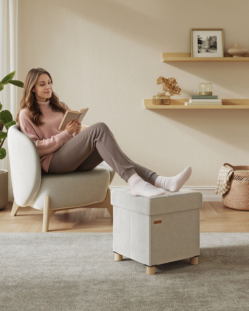 Velvet Storage Ottoman 37L with Padded Seat in Cappuccino Beige for Living Room by Songmics