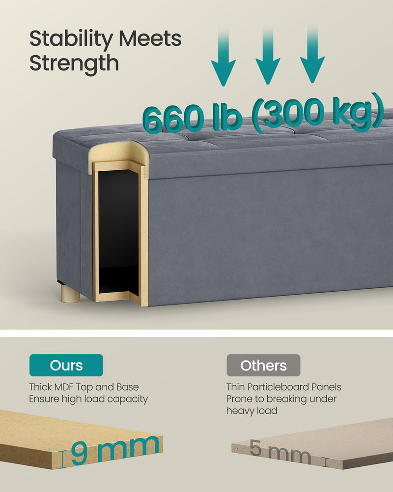 Large Slate Grey Velvet Storage Ottoman 112L with Padded Seat for Living Room by Songmics