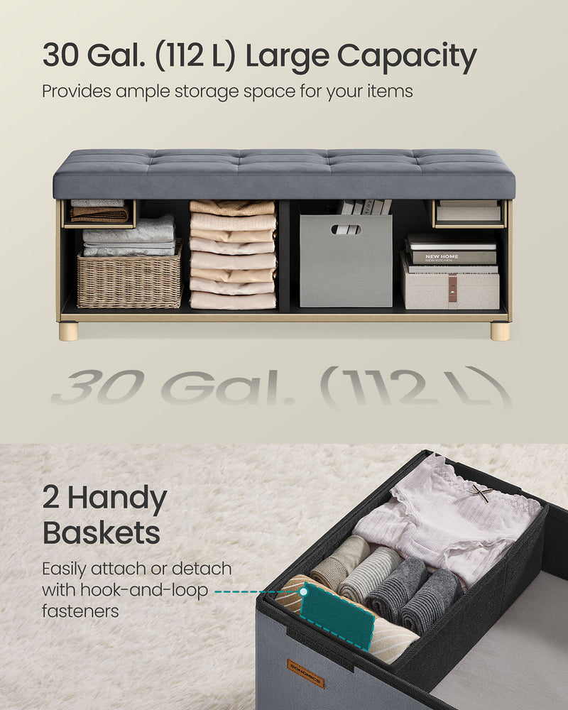 Large Slate Grey Velvet Storage Ottoman 112L with Padded Seat for Living Room by Songmics