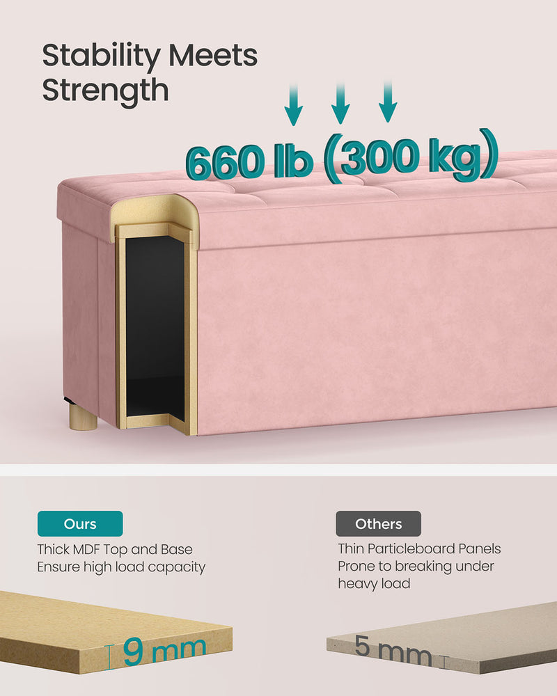 Velvet Storage Ottoman 112L Jelly Pink Upholstered Bench for Bedroom or Living Room by Songmics