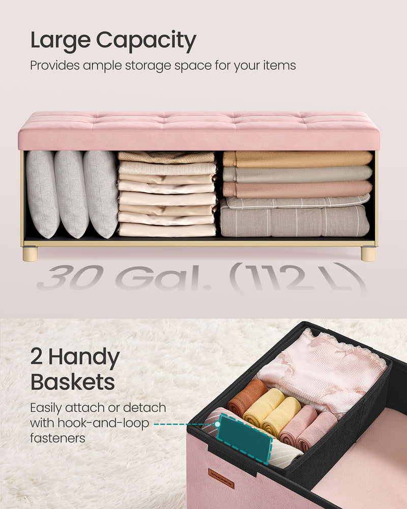 Velvet Storage Ottoman 112L Jelly Pink Upholstered Bench for Bedroom or Living Room by Songmics
