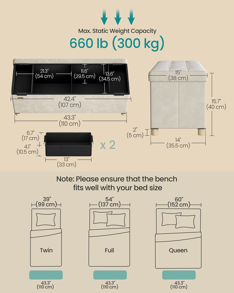 Cappuccino Beige Velvet Storage Ottoman 112L with Padded Seat 110cm by Songmics