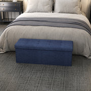 Blue Linen Storage Ottoman Bench with Flip Top and Wooden Legs for Bedroom by Songmics