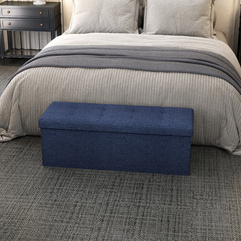 Blue Linen Storage Ottoman Bench with Flip Top and Wooden Legs for Bedroom by Songmics