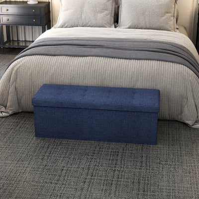 Blue Linen Storage Ottoman Bench with Flip Top and Wooden Legs for Bedroom by Songmics