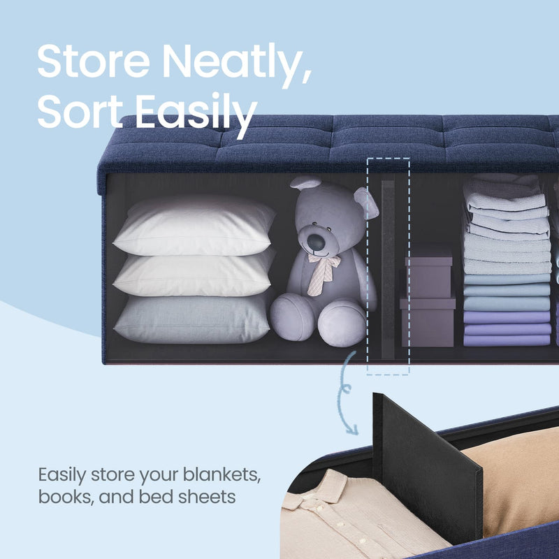 Blue Linen Storage Ottoman Bench with Flip Top and Wooden Legs for Bedroom by Songmics