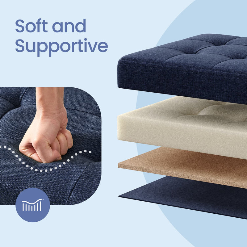 Blue Linen Storage Ottoman Bench with Flip Top and Wooden Legs for Bedroom by Songmics